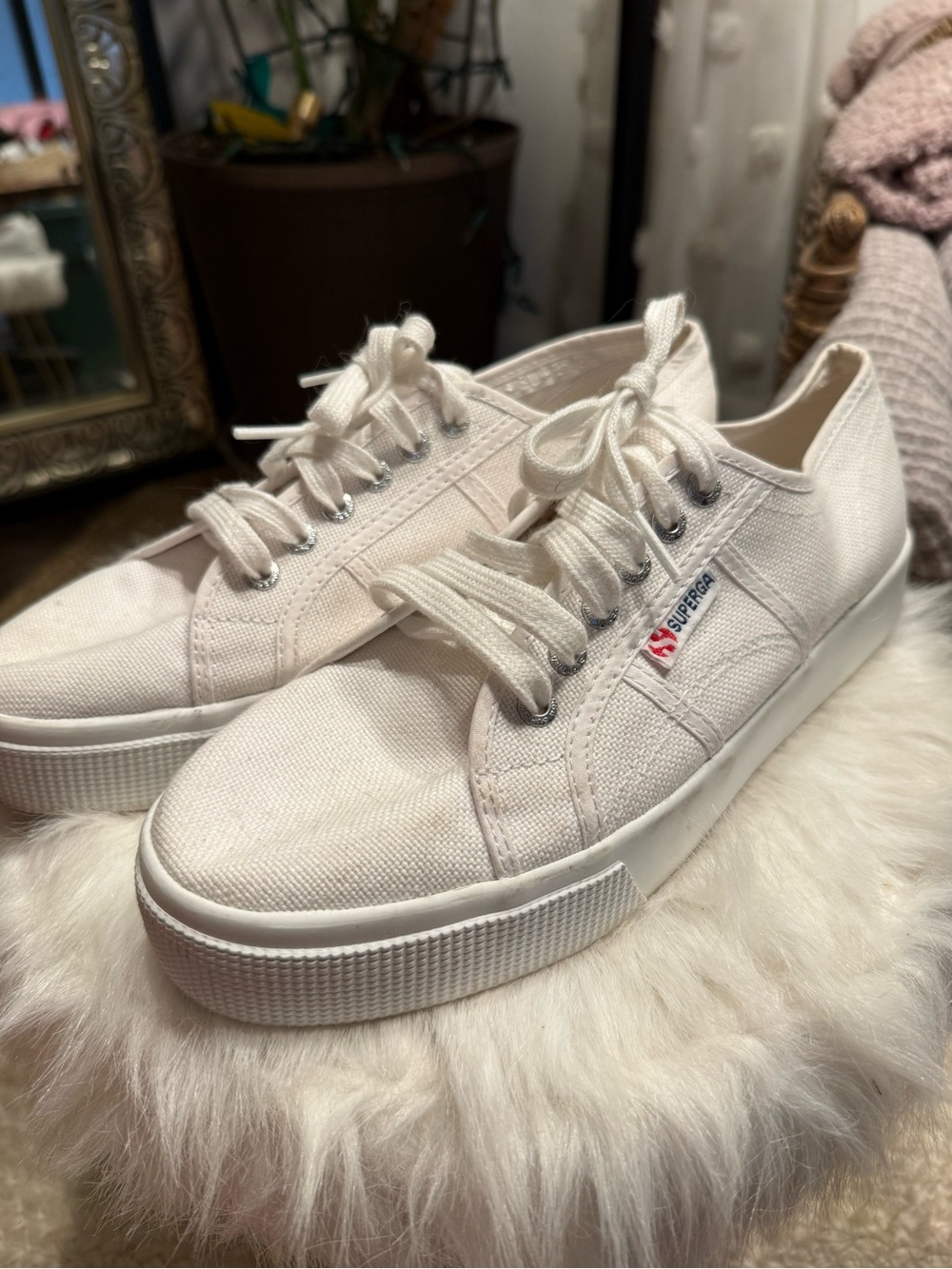 Superga Off-White Canvas Platform Lace-Up Sneakers